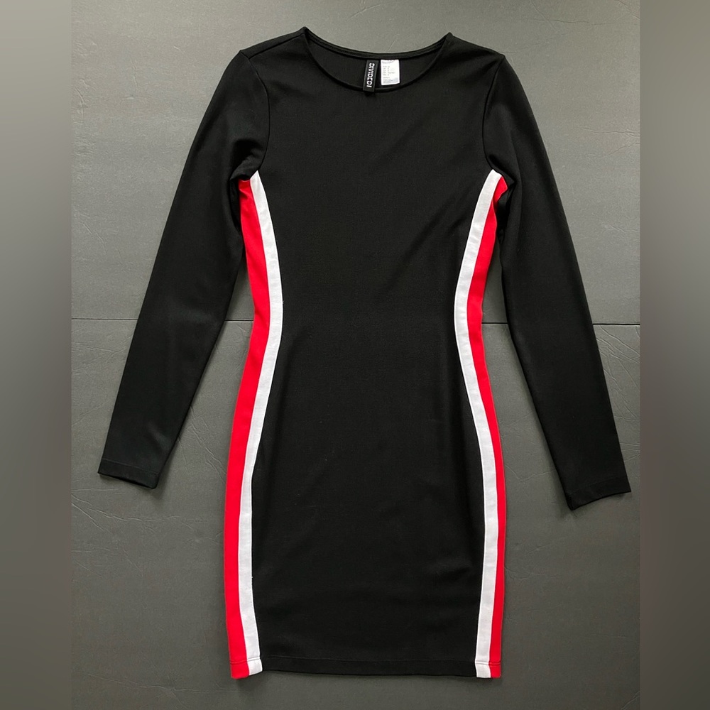 Black long sleeve bodycon dress with red and white accents